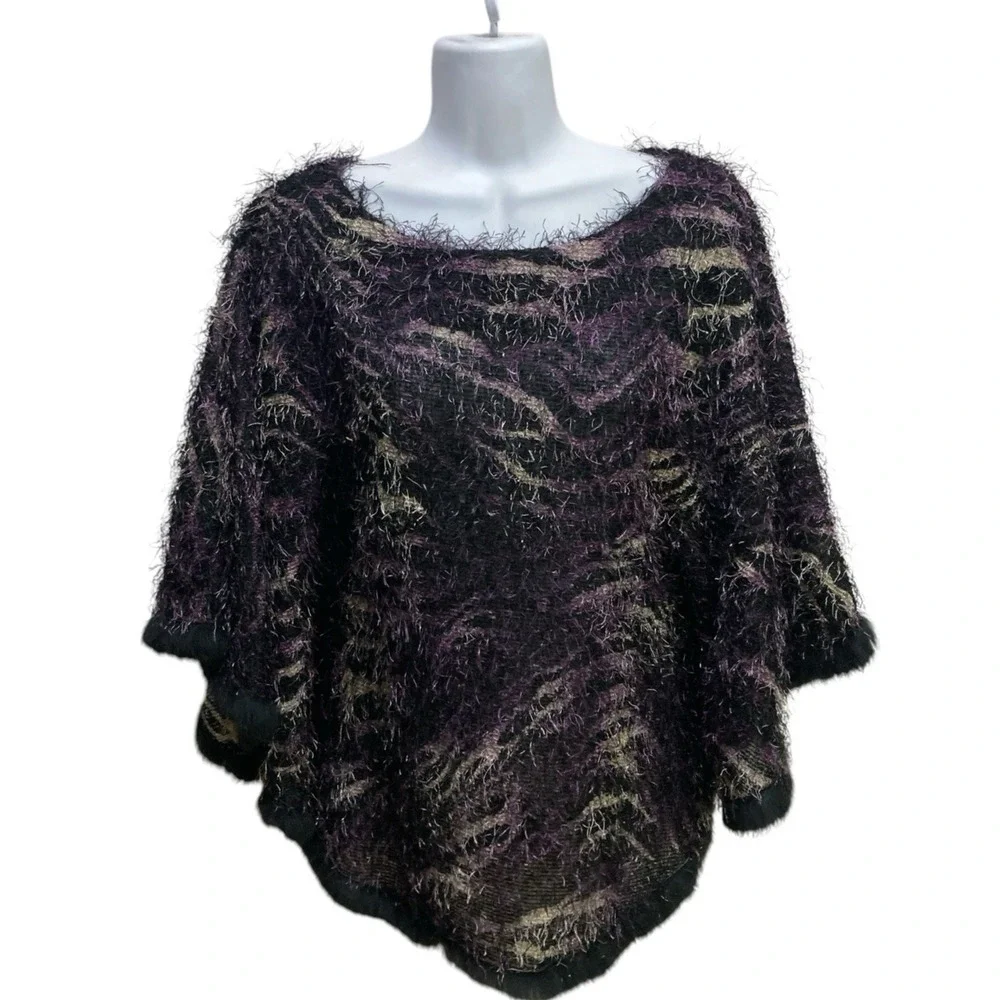 Alberto Makali Fringed Poncho Sweater‎ XS Purple Zebra Print Oversized NO BELT